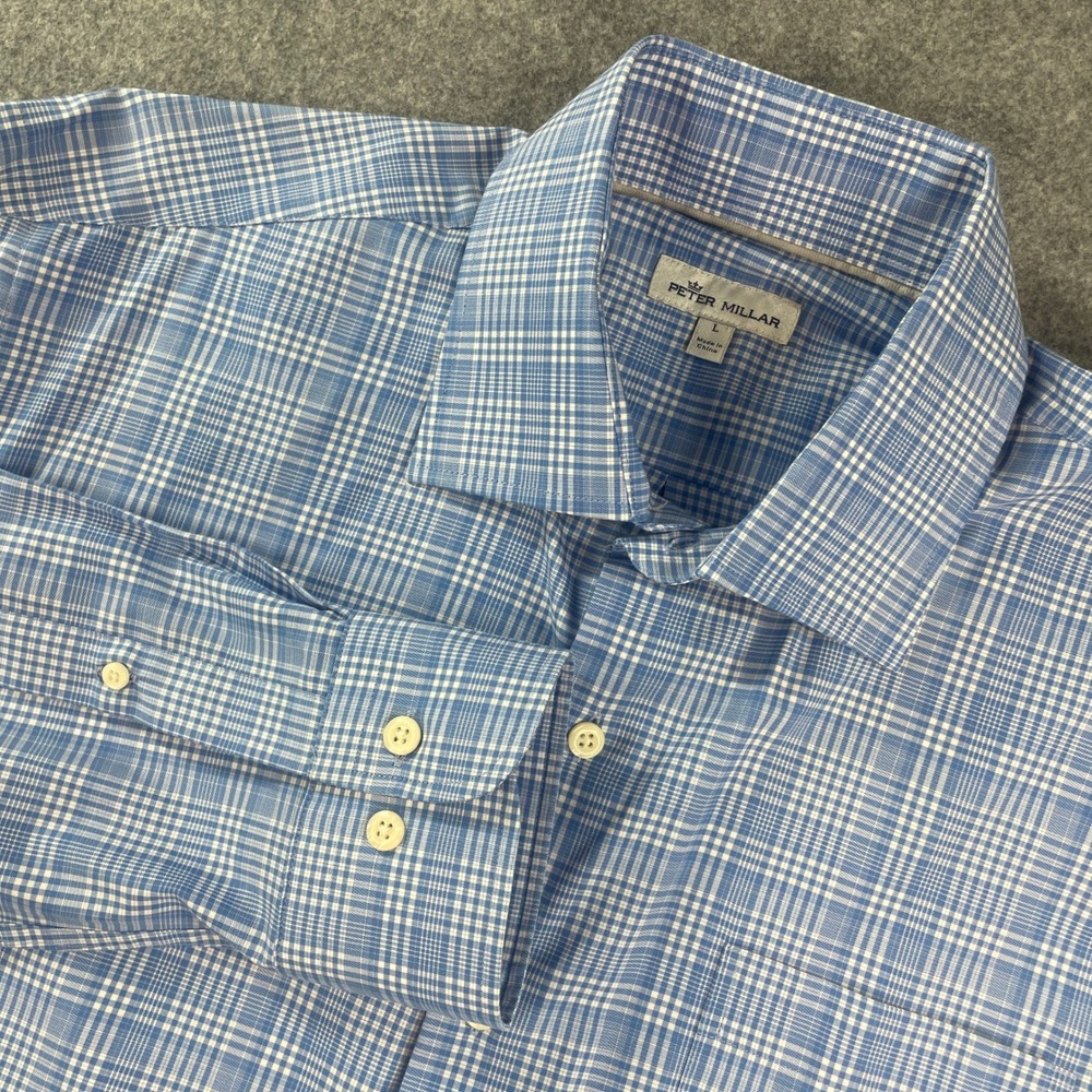 Peter Millar Mens Shirt Large Blue Plaid Cotton Silk Blend Long Sleeve Button Up